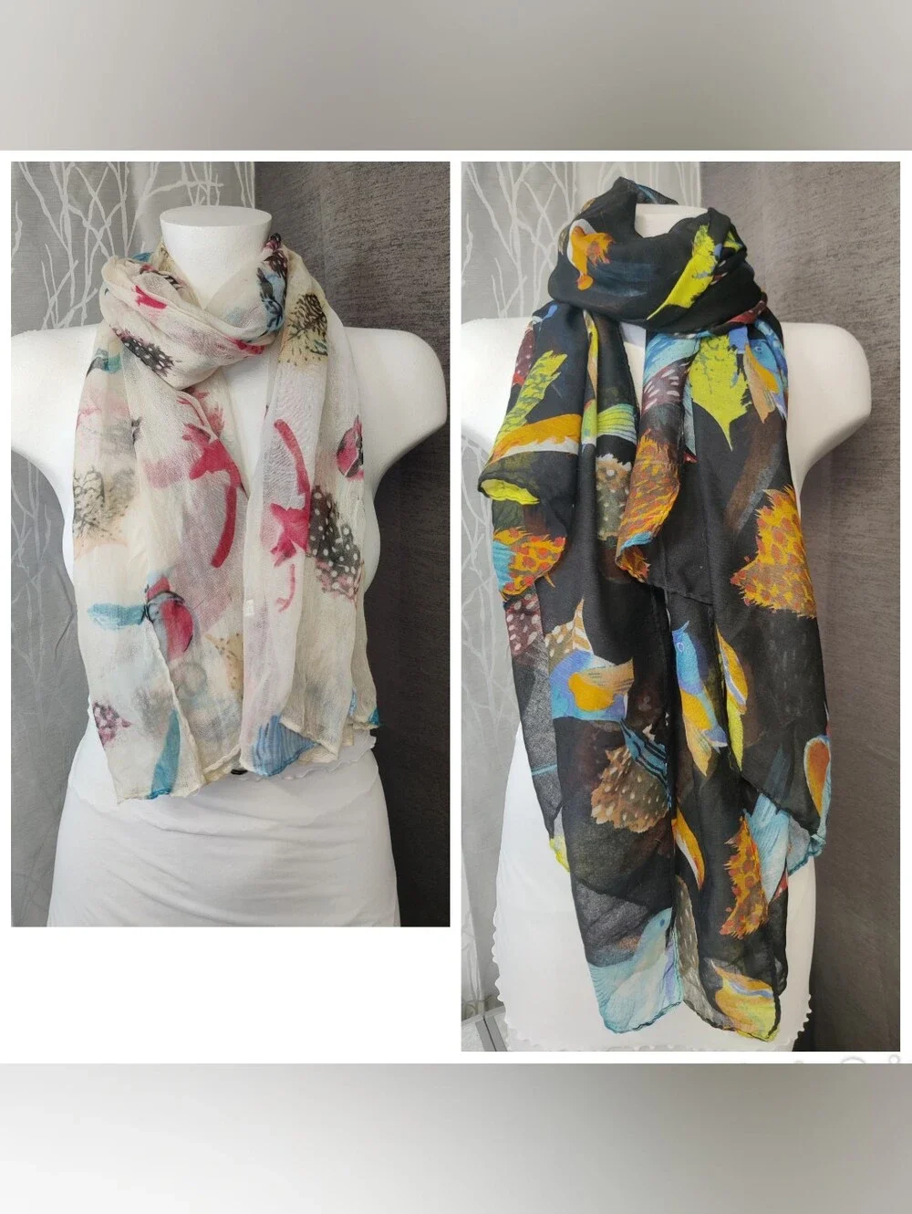 Bird Print Scarf Lot of 2 Lightweight Sheer Viscose Polyester 1 Oversized Wrap